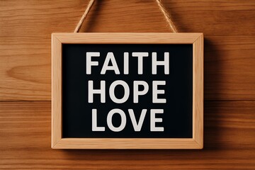 Inspirational sign featuring faith, hope, and love for home decor and spiritual messages, creating a warm and uplifting atmosphere