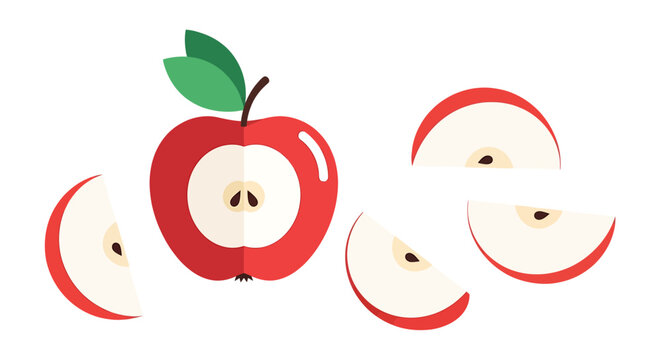 Stylized vibrant fruit illustration: A red apple with several detailed slices