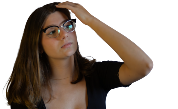Businesswoman holding her head in her hand, making a worried gesture. White or transparent background.Isolated model for communication, emotional, and lifestyle campaigns.
