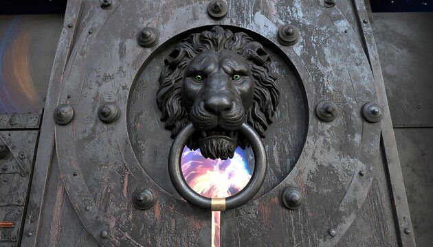 Ornate lion's head door knocker on a metallic portal - Powered by Adobe