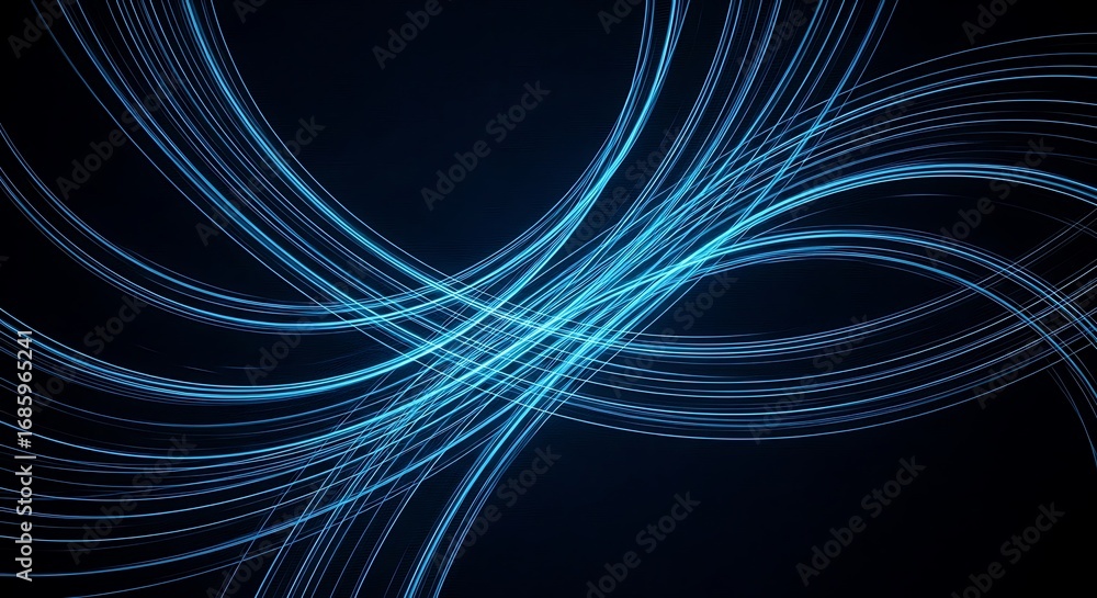 Poster dynamic blue glowing lines intersecting on a dark digital background