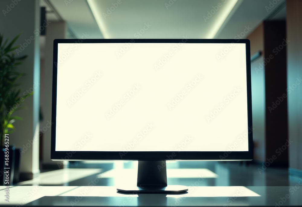 Poster high-rise corridor monitor displaying a blank screen in a modern setting