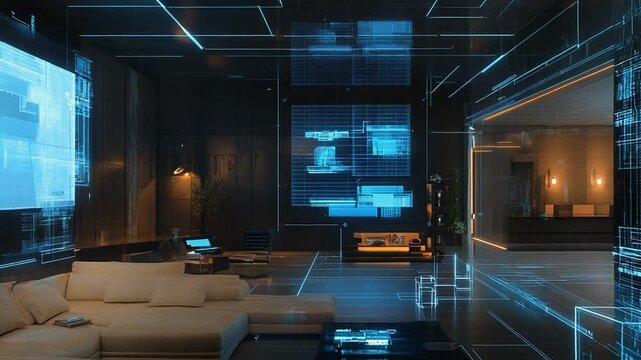 Futuristic smart home automation system controlling modern apartment interior