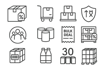 Bulk Sales Icons. Line style icons of bulk sales: large box with percent tag, warehouse cart, stacked product tray, multi-pack