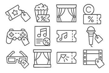 Entertainment Icon Coupons. Line style icons of entertainment coupons: cinema ticket with tag, popcorn and discount, theater