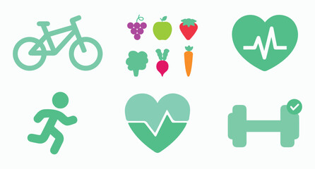 Mental health, sports, health, running, biking, cycling, haltere, lifestyle. Heart, healthy, diet, exercise, well-being, nutrition, fitness. Food, vegetable, fruit, carrot, apple, lettuce, beet. Set, 