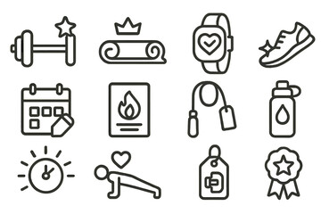 Fitness Icon Set. Line style icons of popular fitness routines: dumbbell with star, yoga mat and crown, fitness tracker with badge