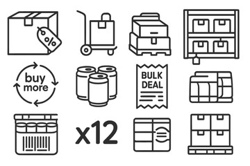 Bulk Sales Icons. Line style icons of bulk sales: large box with percent tag, warehouse cart, stacked product tray, multi-pack