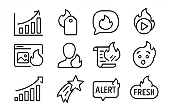 Hot Trend Icons. Line style icons of hot trends: chart with arrow on fire, fashion icon with flame tag, buzzword in heat bubble,