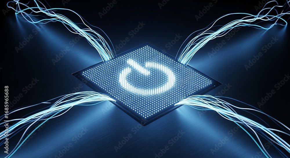 Poster centralized power button illuminates digital processor and data lines