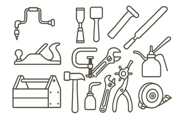 Obraz premium Vintage Tool Icons. Line style icons of vintage tools: hand drill, chisel and mallet, saw with wood handle, metal file; carpenter