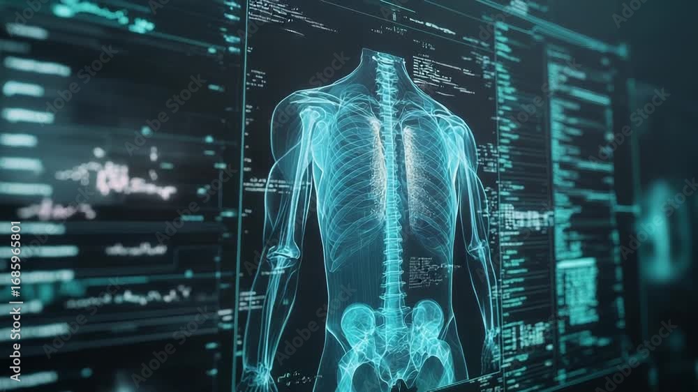 Poster futuristic medical software displaying skeletal and respiratory system data analysis