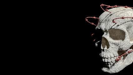 The Skull and barbed wire for Halloween or crime concept 3d Rendering.