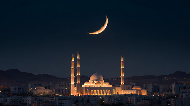 Serene night view of a mosque illuminated under a crescent moon with city skyline backdrop