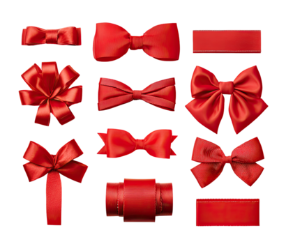 Set of twelve red satin gift bows and ribbons.  Various styles, including bows, loops, and  rectangles