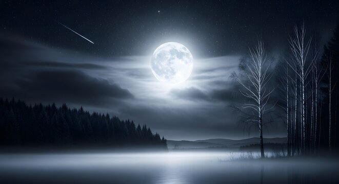 A full moon illuminates a misty lake and forest at night, with stars and a shooting star in the sky - Powered by Adobe
