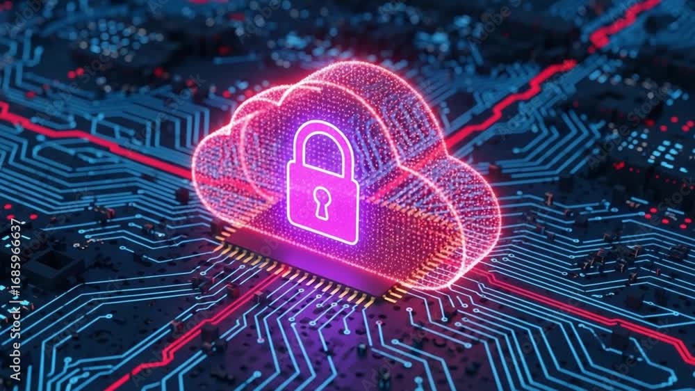 Poster a glowing pink cloud with a padlock on a chip on a circuit board with blue and red lines network