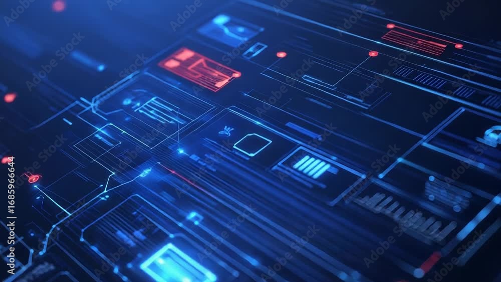 Poster futuristic interface displaying complex data analysis and information flow
