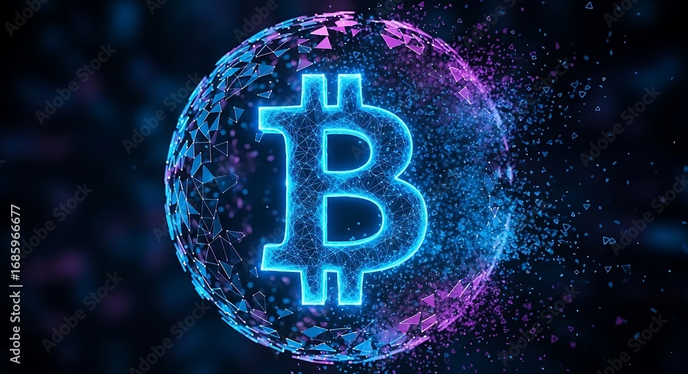 Poster futuristic bitcoin symbol in glowing digital sphere with dissolving particles