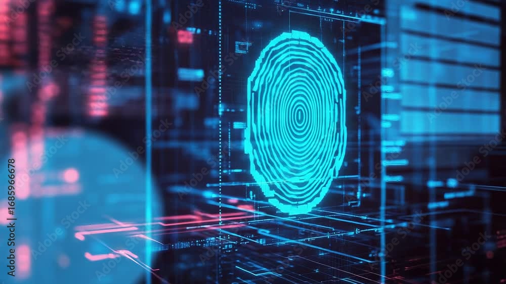 Poster fingerprint scanning is providing secure access to system data in futuristic interface