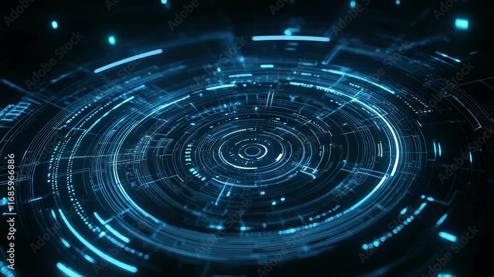 Poster futuristic hologram showing rotating circles and data flow
