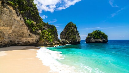 Obraz premium A tranquil beach scene with dramatic limestone formations and turquoise water, showcasing a beautiful tropical paradise.