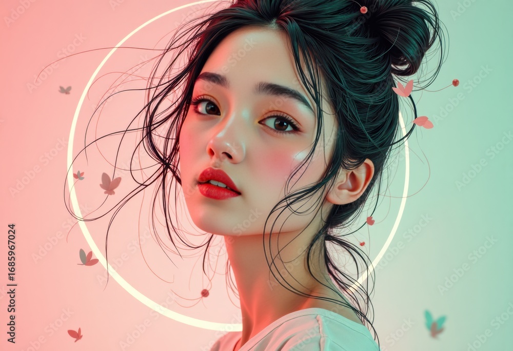 Poster person with flowing line composition and delicate butterflies in a soft color palette