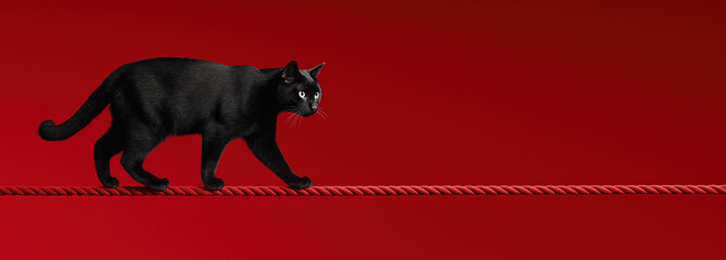 Cat walking on a rope on a red uniform background
