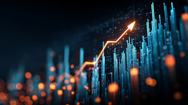 Abstract representation of financial growth with glowing graphs and data patterns in dark background - Powered by Adobe