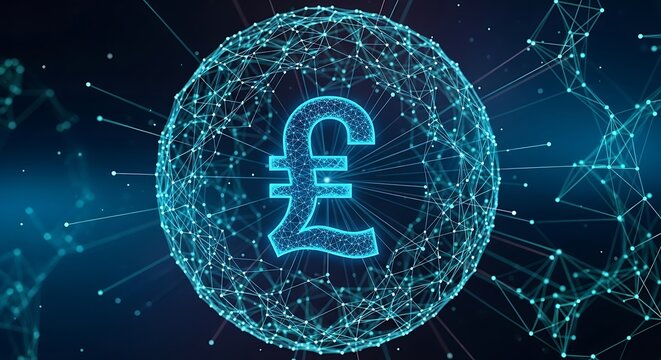 Glowing Digital Pound Currency Symbol Within Global Network