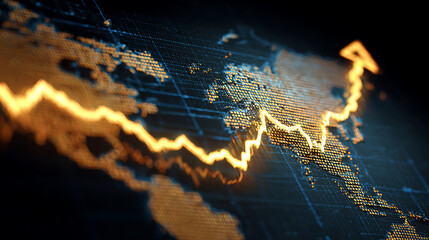 Global financial market trends illustrated by a rising graph on a digital world map background