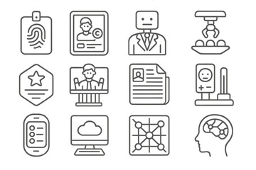 Futuristic Society Icons. Line style icons of futuristic society: biometric ID tag, universal income screen, AI mayor, autonomous