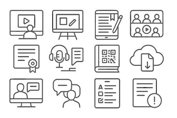 Modern Learning Icons. Line style icons of modern learning: online course screen, digital whiteboard, tablet note app, virtual