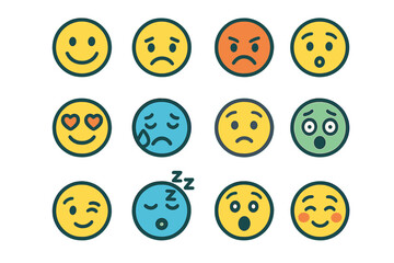 Fototapeta premium Colorful Emotion Icons. Line style icons of colorful emotions: colorful happy face, colorful sad face, colorful angry face,