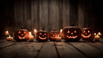 A row of spooky glowing jack-o'-lanterns with candles on a rustic wooden background for Halloween