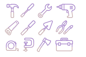 Fototapeta premium Gradient Tool Icons. Line style icons of gradient tools: gradient hammer, gradient screwdriver, gradient wrench, gradient drill;