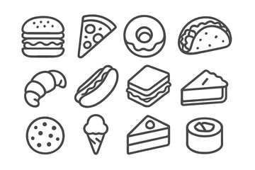 Opaque Food Icons. Line style icons of opaque food: opaque burger, opaque pizza, opaque donut, opaque taco; opaque croissant,