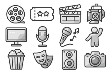 Glossy Entertainment Icons. Line style icons of glossy entertainment: glossy film reel, glossy ticket, glossy clapperboard, glossy