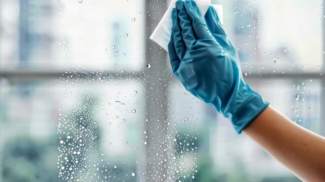 Window Cleaning in Action: A gloved hand meticulously cleans a window, the glistening surface reflecting the dedication to purity and spotless clarity.