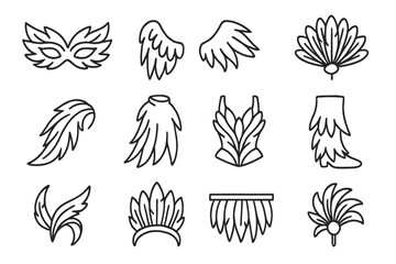 Fototapeta premium Feather Costume Icons. Line style icons of feather costume elements: feather mask, feather wings, feather shoulder pad, feather