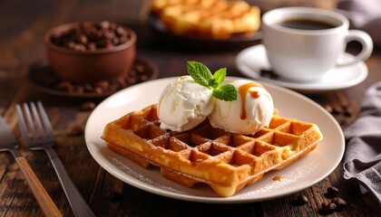 Delicious waffle topped with ice cream, mint, and sauce, accompanied by coffee and beans