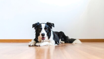 A black and white border collie lies on a light brown wooden floor, looking directly at the camera.