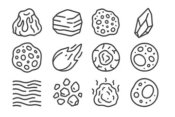 Volcanic Rock Icons. Line style icons of volcanic rocks: molten lava rock, cooled basalt, pumice chunk, obsidian shard; scoria