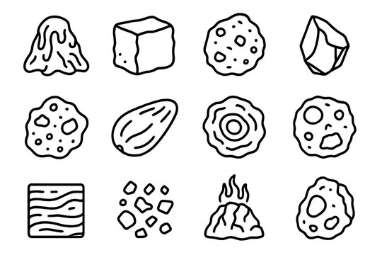 Volcanic Rock Icons. Line style icons of volcanic rocks: molten lava rock, cooled basalt, pumice chunk, obsidian shard; scoria