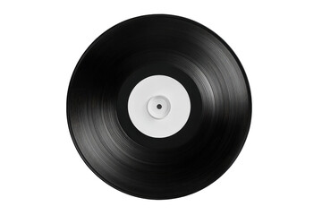 Obraz premium Close-up of a black vinyl record with a white label. The record's surface displays concentric grooves