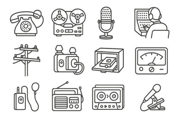 Analog Wiretap Icons. Line style icons of old-school analog wiretaps: rotary phone with receiver tap, reel-to-reel recorder, large