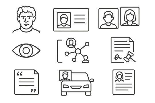 Investigative Profiles Icons. Line style icons of investigative profiles: suspect sketch, ID card scan, background check file,