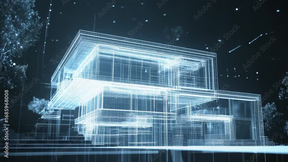 Poster futuristic wireframe house emerging from digital data stream