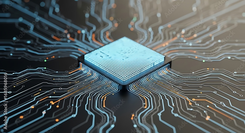 Poster abstract glowing central processing unit on digital circuit board