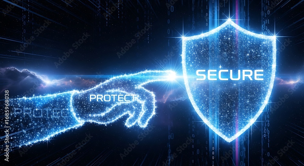 Poster advanced cybersecurity: glowing hand activates secure data shield